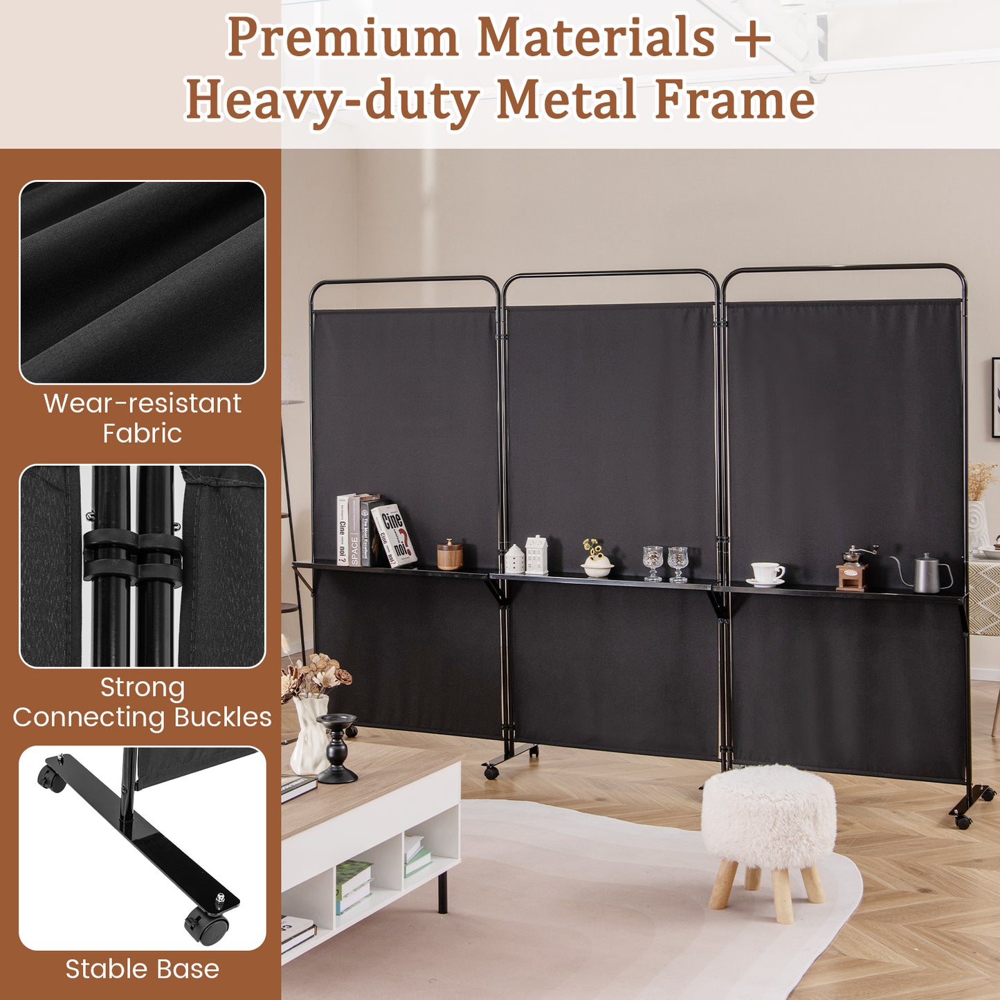 3-Panel Folding Room Divider, 3 Metal Shelves, Lockable Wheels, Black Room Dividers at Gallery Canada
