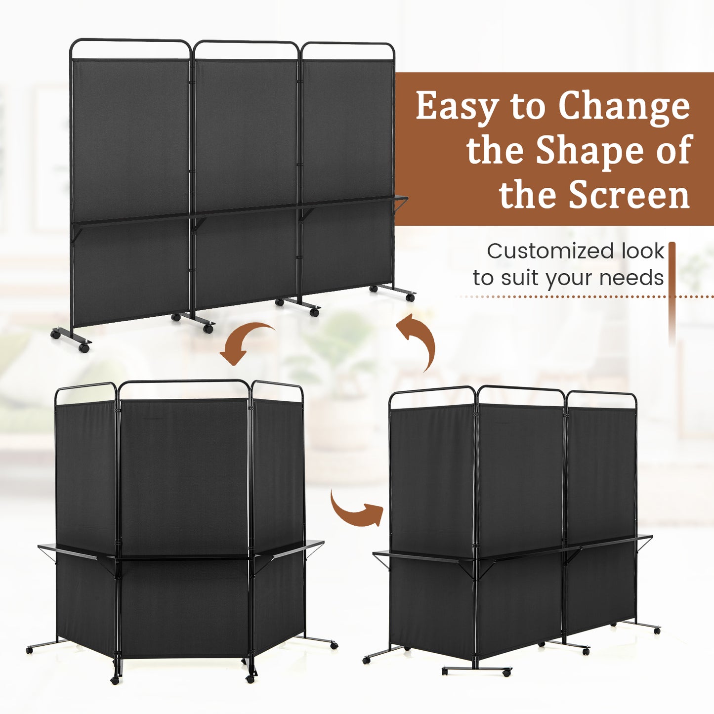 3-Panel Folding Room Divider, 3 Metal Shelves, Lockable Wheels, Black Room Dividers at Gallery Canada