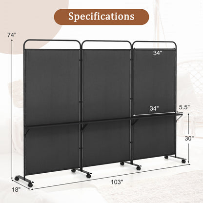 3-Panel Folding Room Divider, 3 Metal Shelves, Lockable Wheels, Black Room Dividers at Gallery Canada
