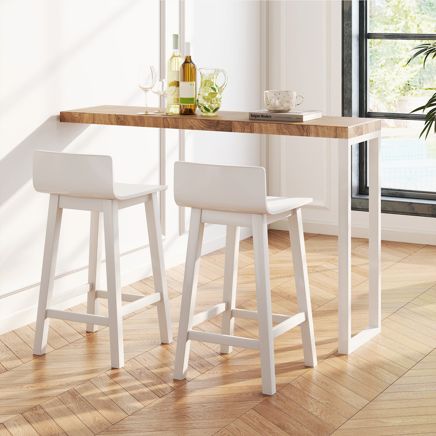 Wood Bar Stools Set of 2 with Solid Back and Seat, White Bar Stools at Gallery Canada