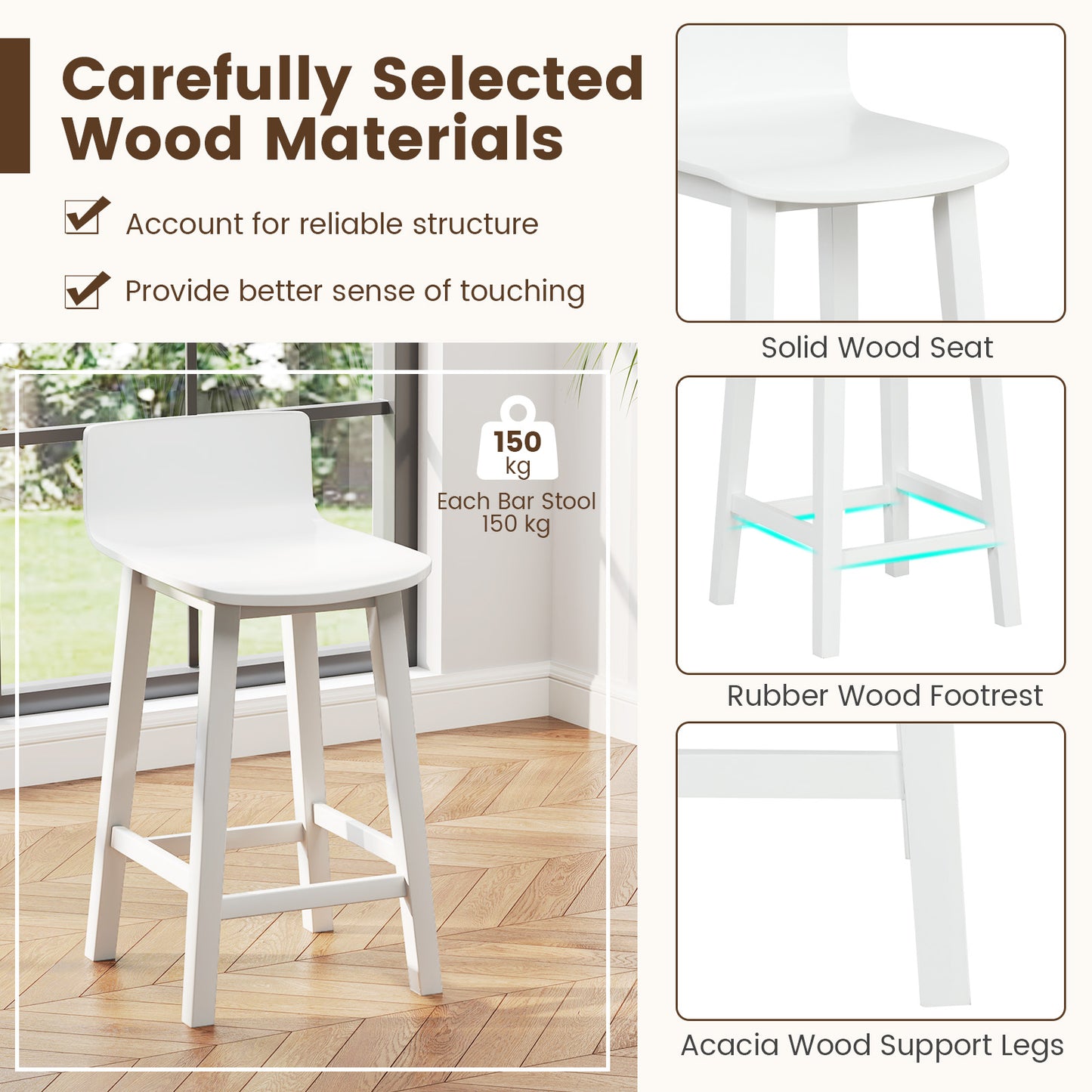 Wood Bar Stools Set of 2 with Solid Back and Seat, White Bar Stools at Gallery Canada