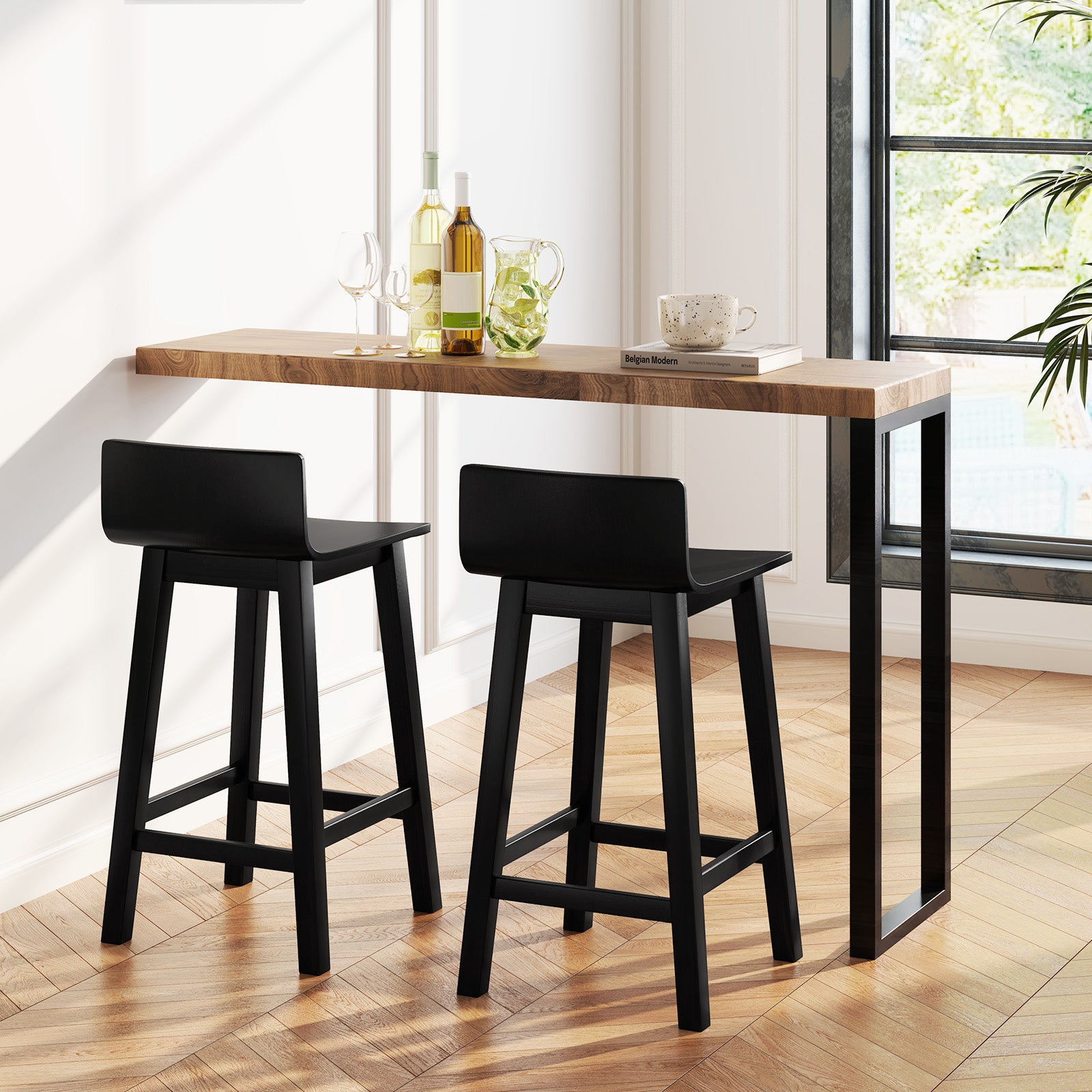 Wood Bar Stools Set of 2 with Solid Back and Seat, Black Bar Stools at Gallery Canada