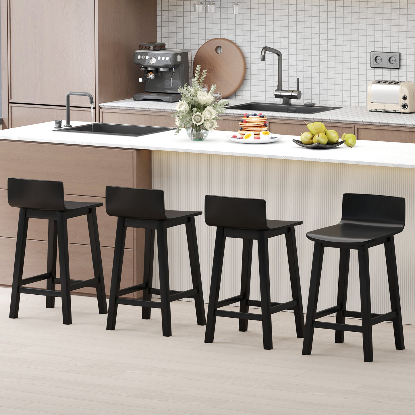 Wood Bar Stools Set of 2 with Solid Back and Seat, Black Bar Stools at Gallery Canada