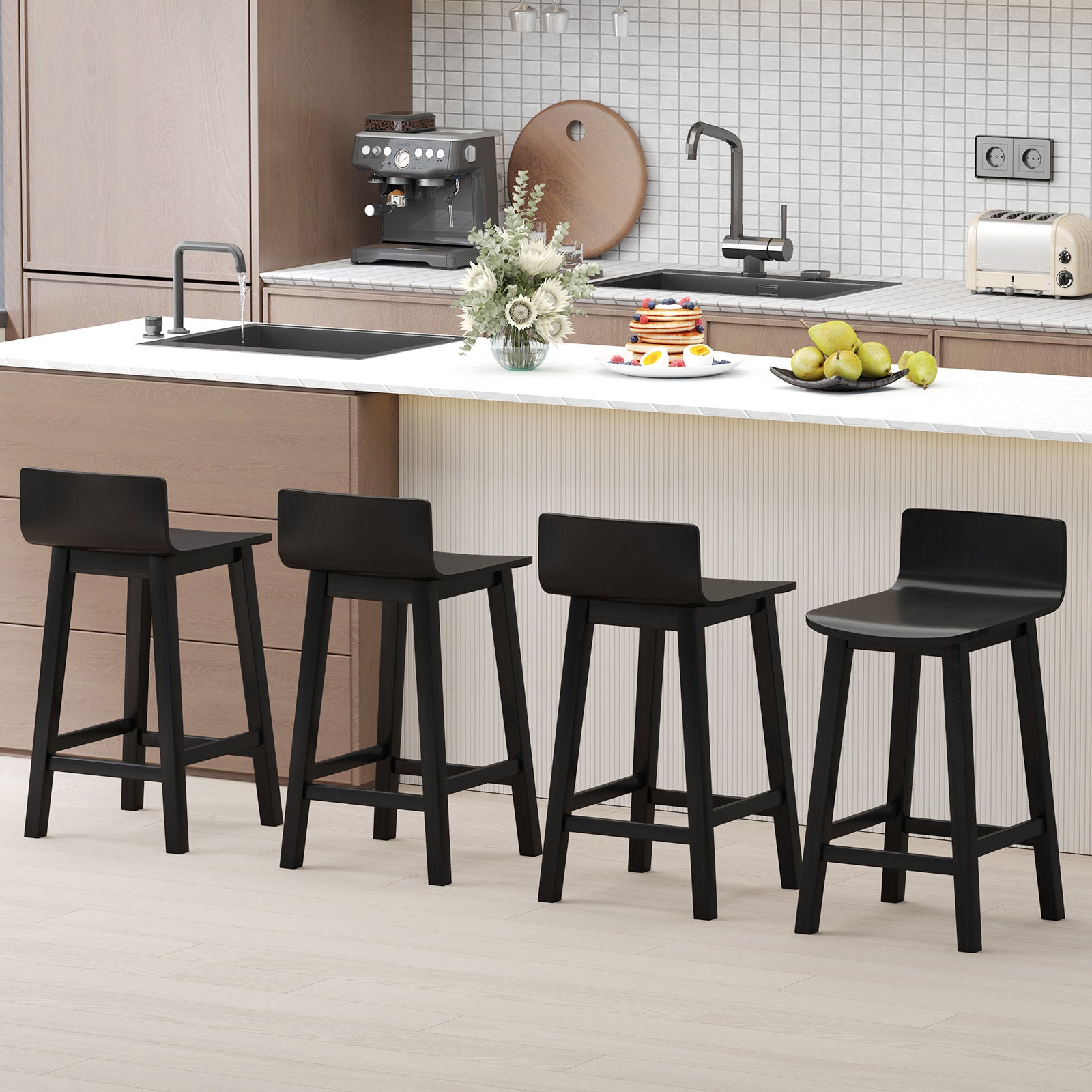 Wood Bar Stools Set of 2 with Solid Back and Seat, Black Bar Stools at Gallery Canada