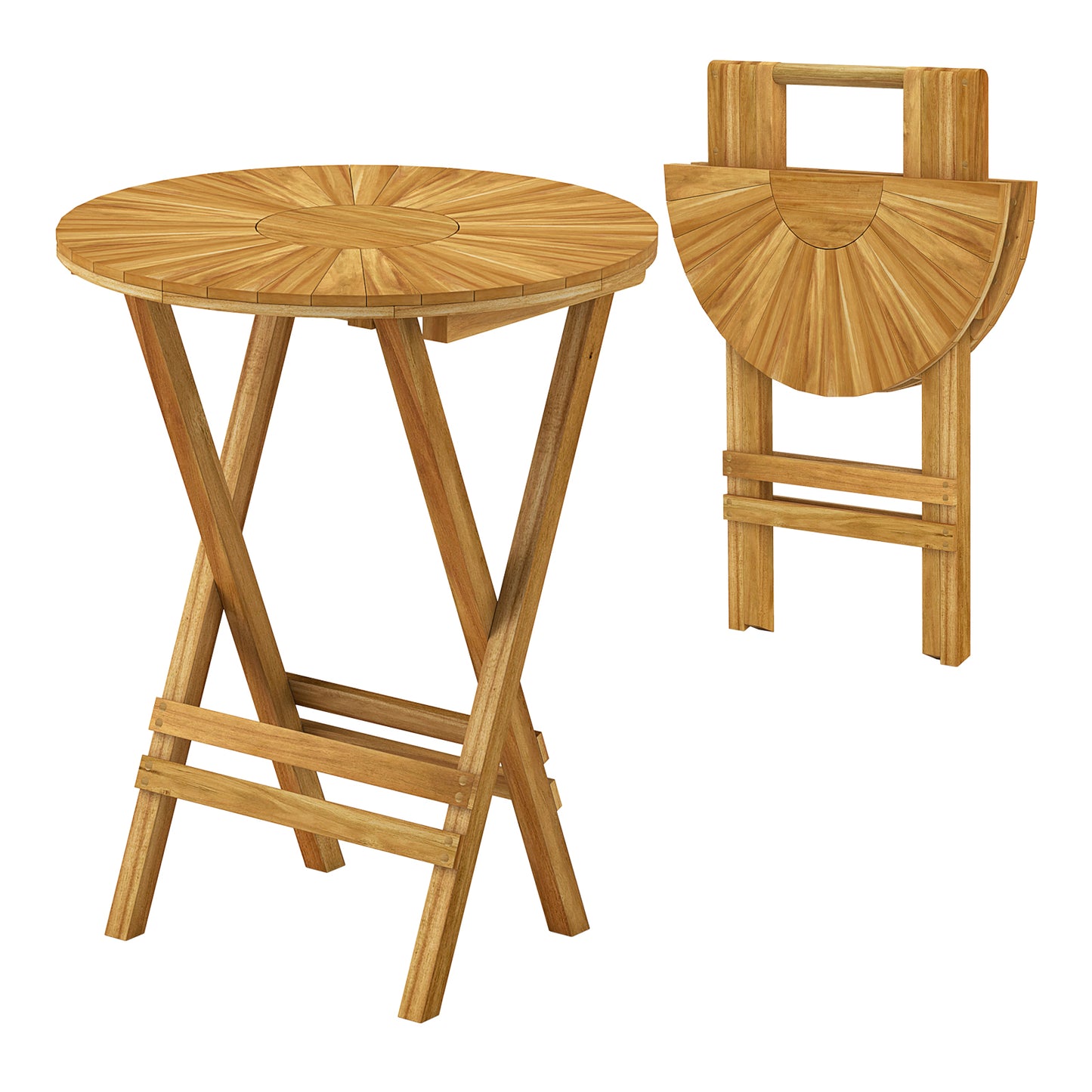 Teak Wood Folding Side Table, Round Slatted Top, X Frame, Natural Patio Coffee Tables Natural at Gallery Canada