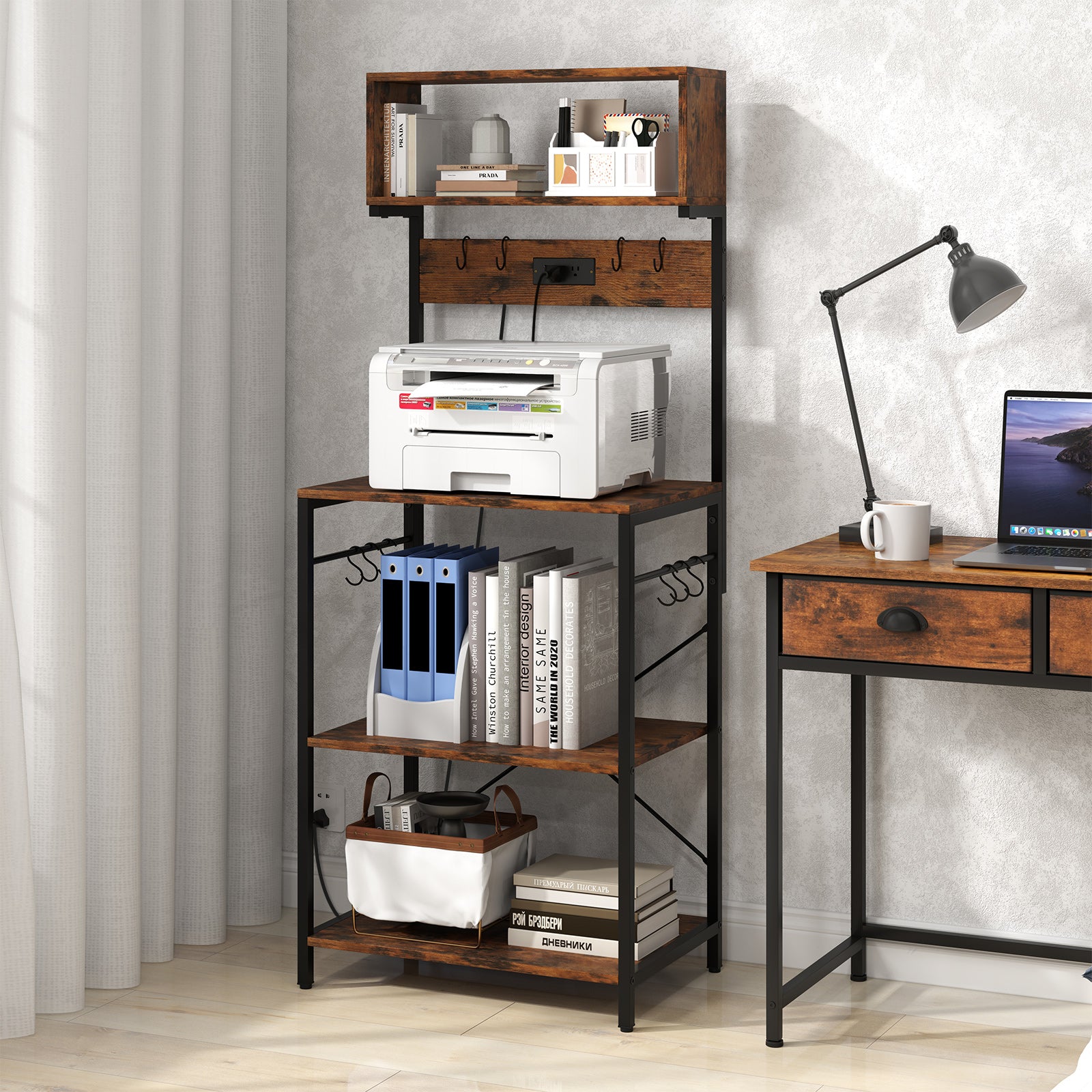 5-Tier Microwave Stand with Power Outlet and 10 S-shape Hooks, Rustic Brown Baker's Racks at Gallery Canada