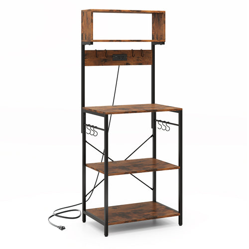 5-Tier Microwave Stand With Power Outlet, 10 S-Shape Hooks, Rustic Brown