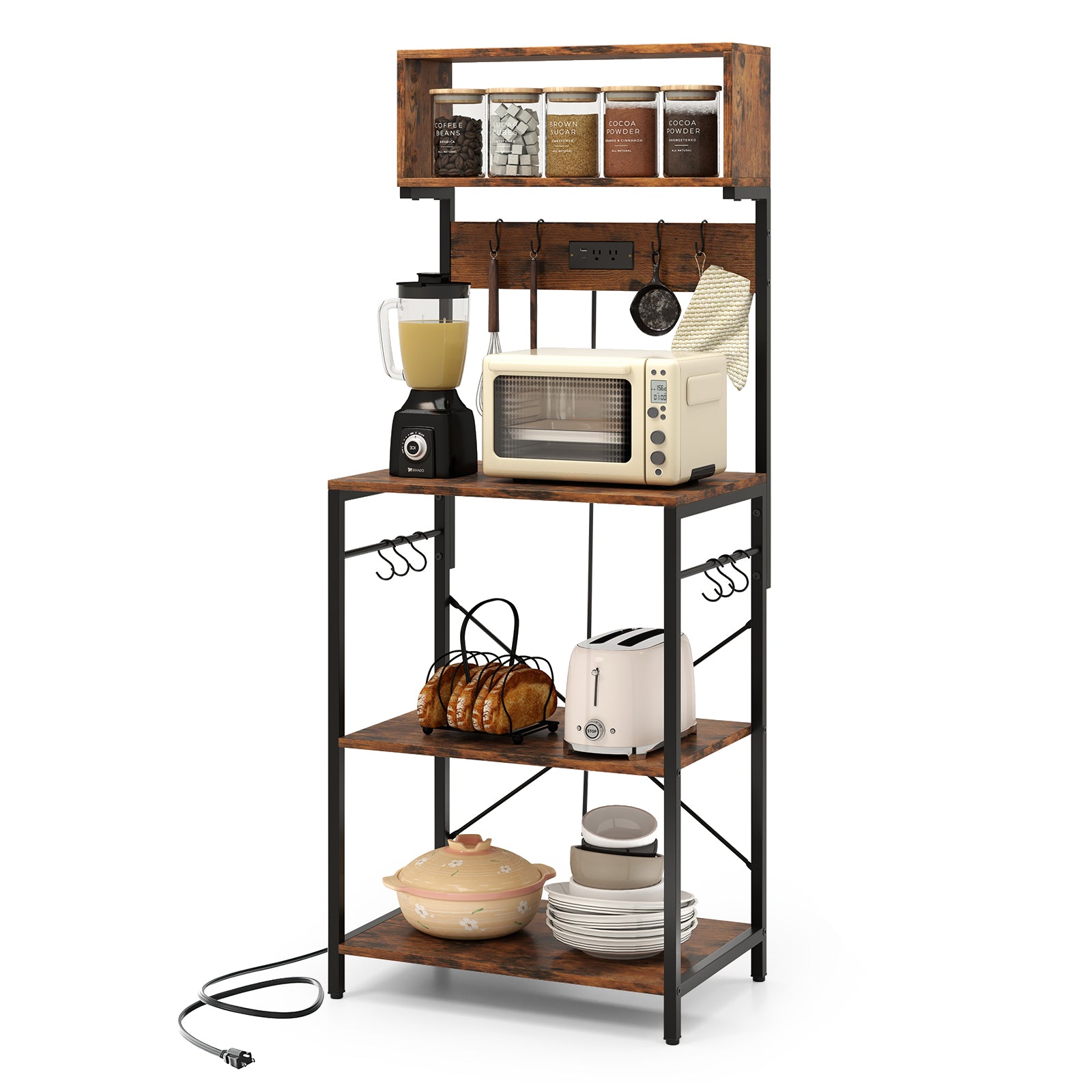 5-Tier Microwave Stand with Power Outlet and 10 S-shape Hooks, Rustic Brown Baker's Racks at Gallery Canada