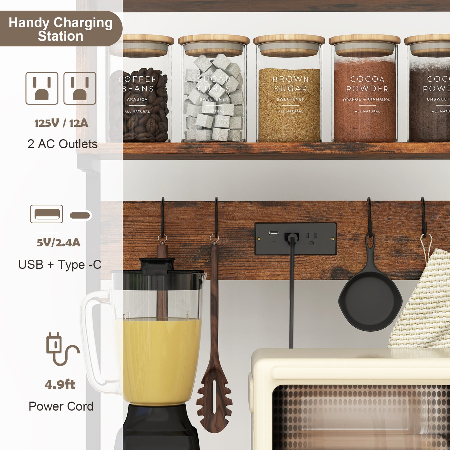 5-Tier Microwave Stand with Power Outlet and 10 S-shape Hooks, Rustic Brown Baker's Racks at Gallery Canada