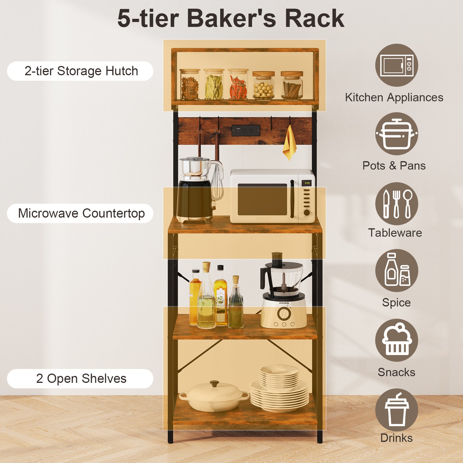 5-Tier Microwave Stand with Power Outlet and 10 S-shape Hooks, Rustic Brown Baker's Racks at Gallery Canada