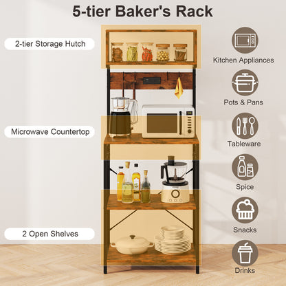 5-Tier Microwave Stand with Power Outlet and 10 S-shape Hooks, Rustic Brown Baker's Racks at Gallery Canada
