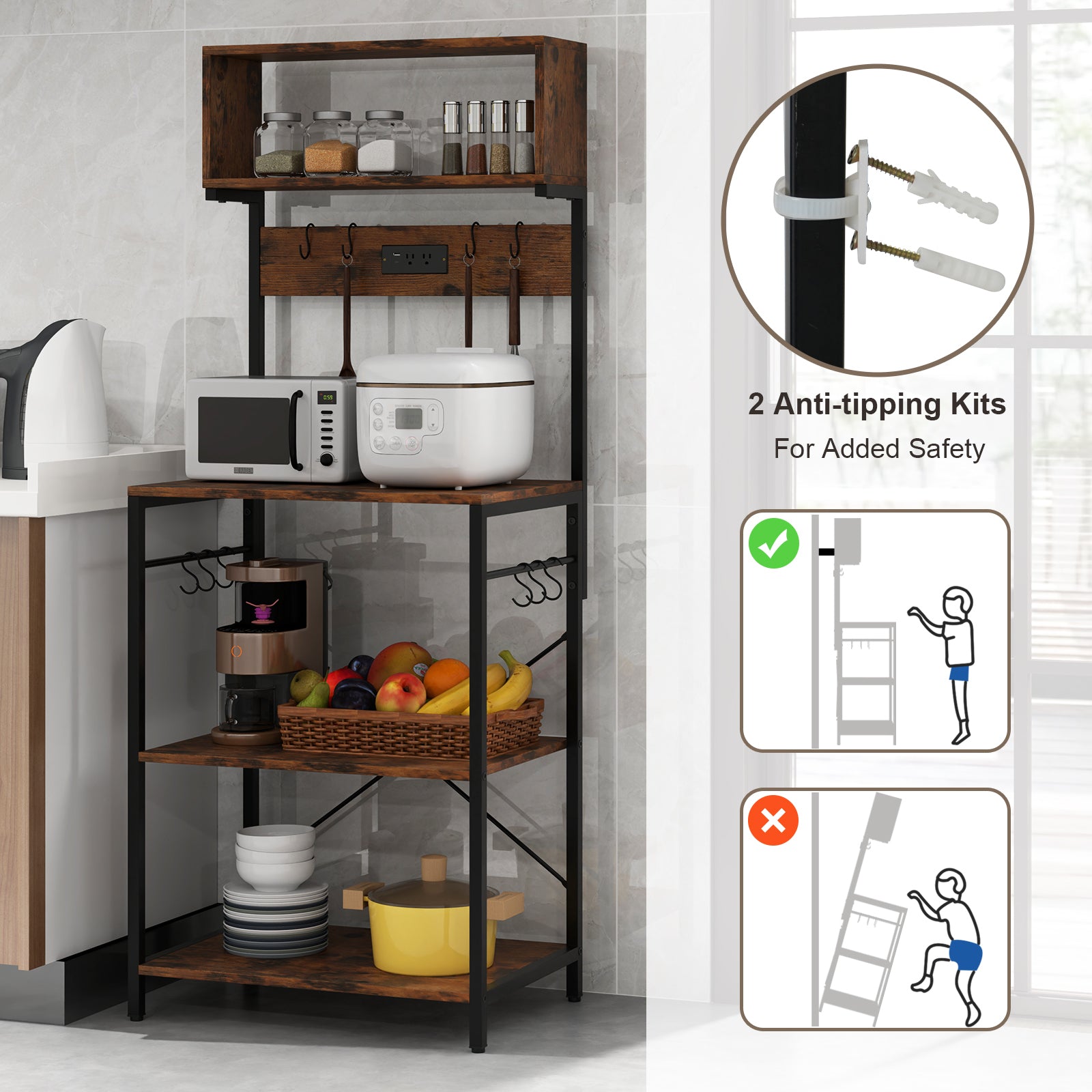 5-Tier Microwave Stand with Power Outlet and 10 S-shape Hooks, Rustic Brown Baker's Racks at Gallery Canada