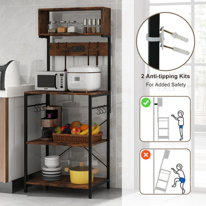 5-Tier Microwave Stand with Power Outlet and 10 S-shape Hooks, Rustic Brown Baker's Racks at Gallery Canada