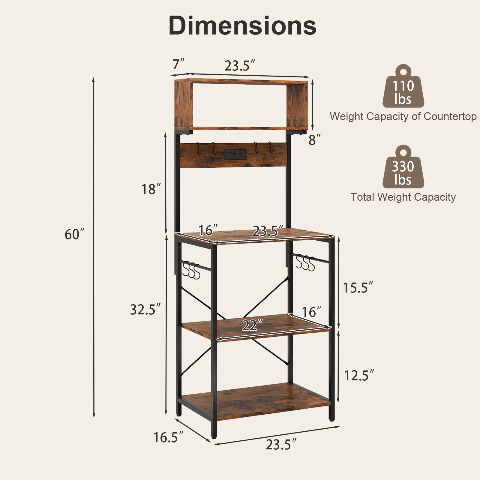 5-Tier Microwave Stand with Power Outlet and 10 S-shape Hooks, Rustic Brown Baker's Racks at Gallery Canada