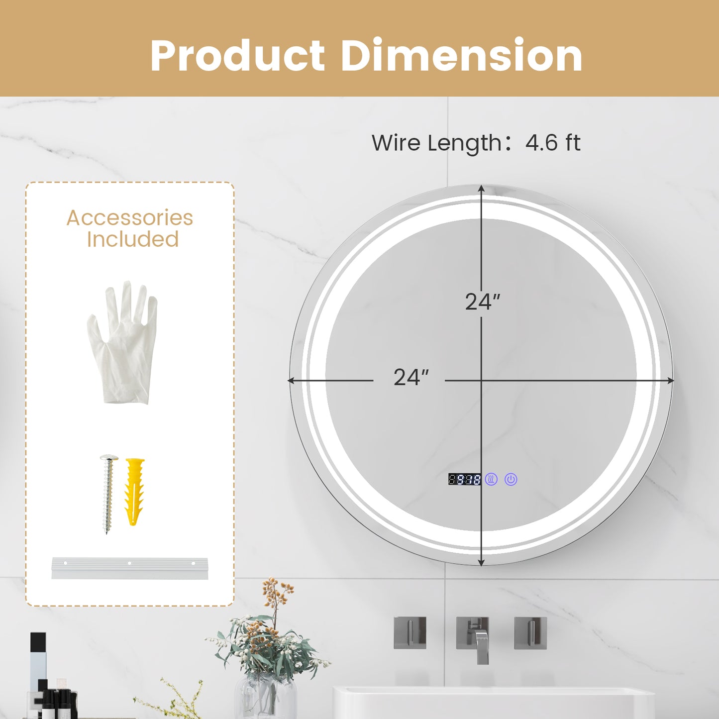 Anti-Fog Round Led Bathroom Mirror with 3 Color LED Lights-S, White Wall Mirrors at Gallery Canada