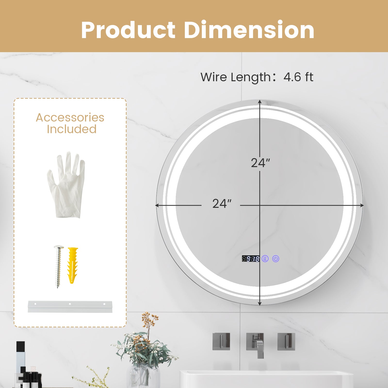 Anti-Fog Round Led Bathroom Mirror with 3 Color LED Lights-S, White Wall Mirrors at Gallery Canada