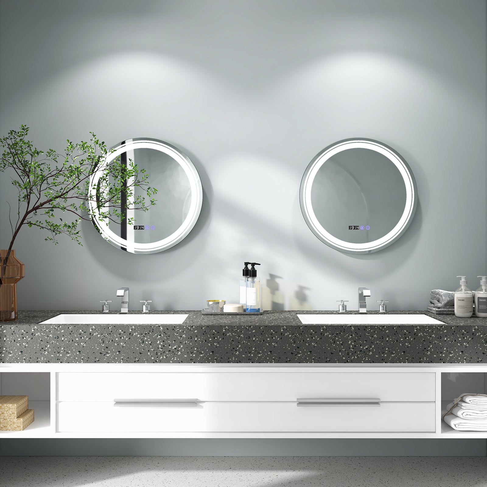 Anti-Fog Round Led Bathroom Mirror with 3 Color LED Lights-S, White Wall Mirrors at Gallery Canada