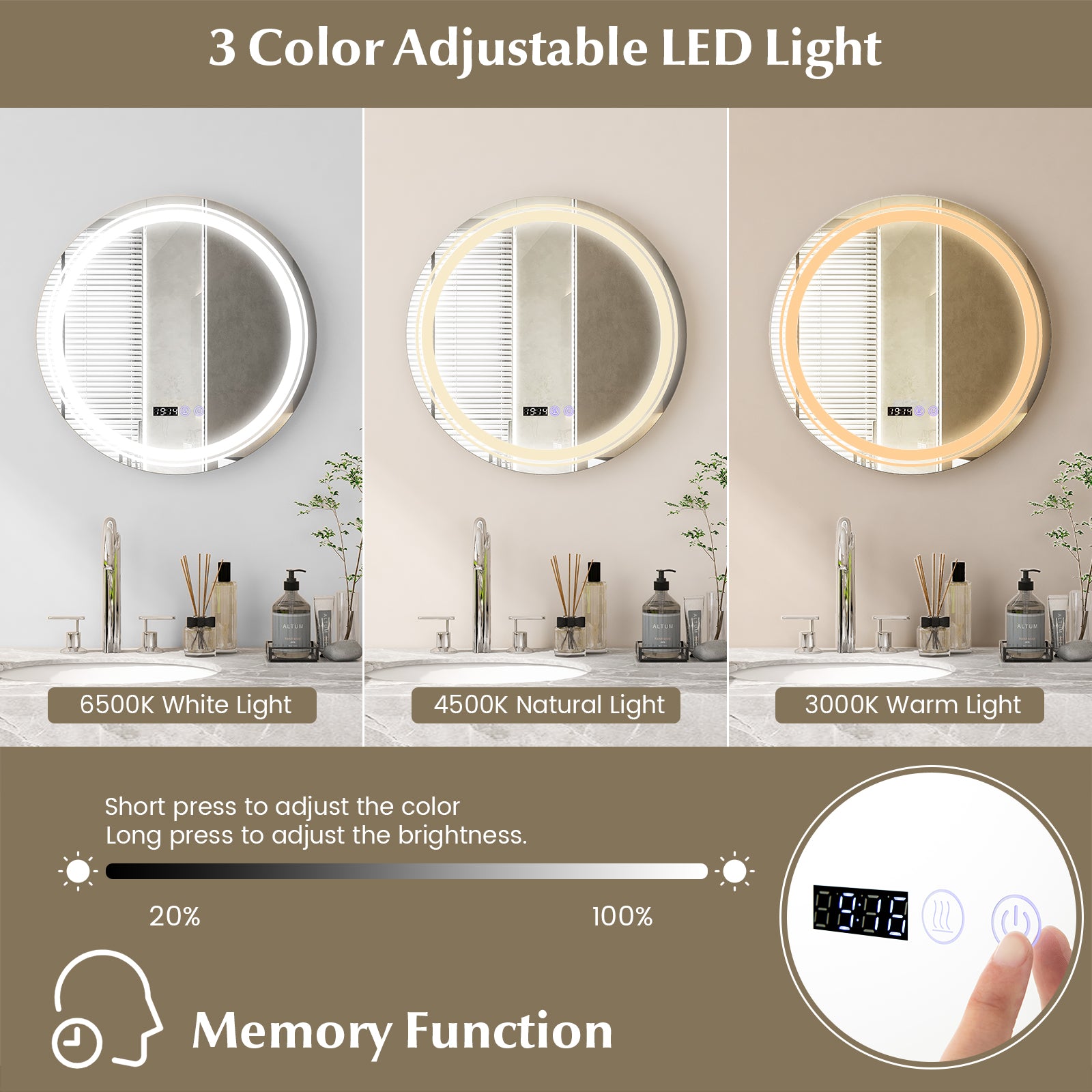 Anti-Fog Round Led Bathroom Mirror with 3 Color LED Lights-S, White Wall Mirrors at Gallery Canada