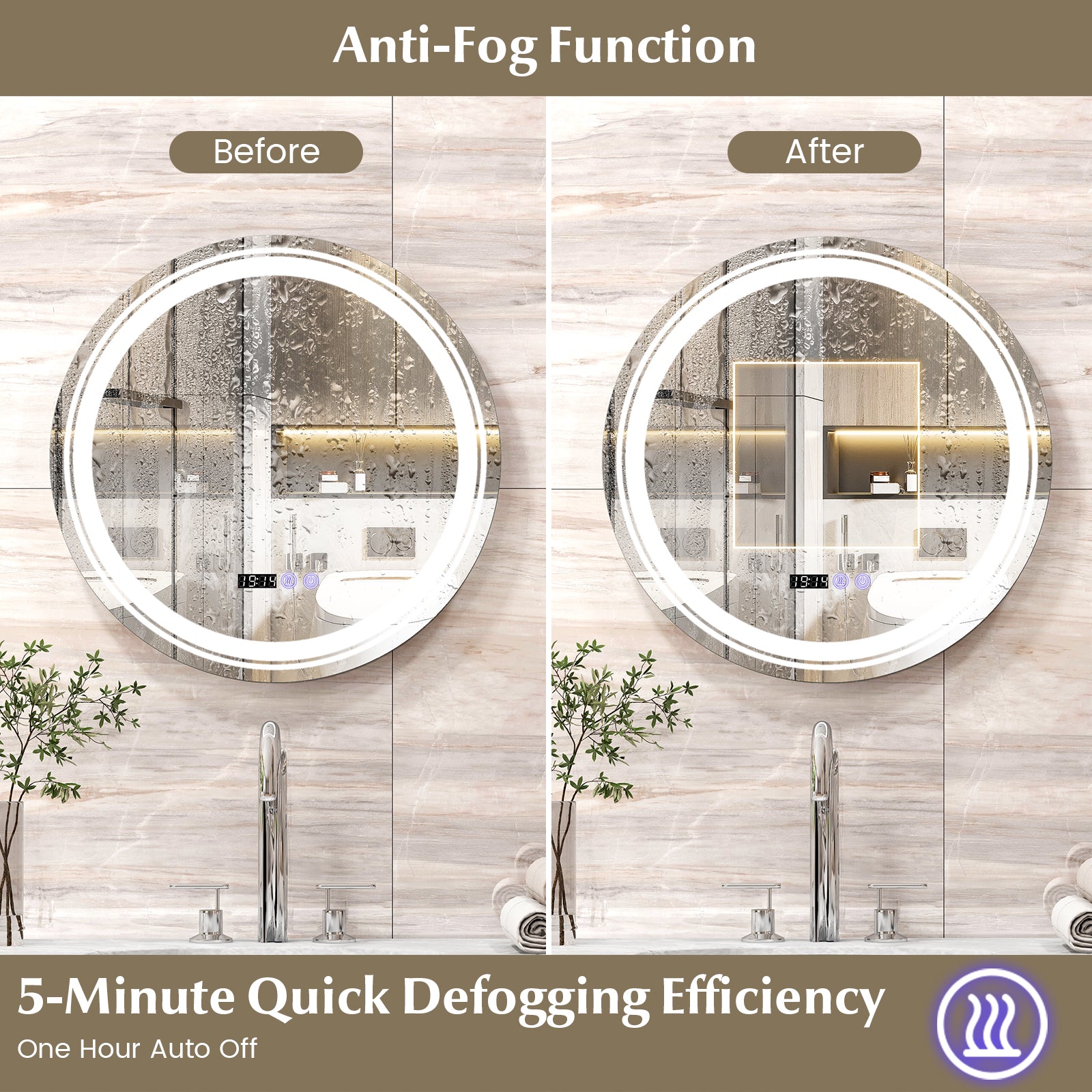 Anti-Fog Round Led Bathroom Mirror with 3 Color LED Lights-S, White Wall Mirrors at Gallery Canada