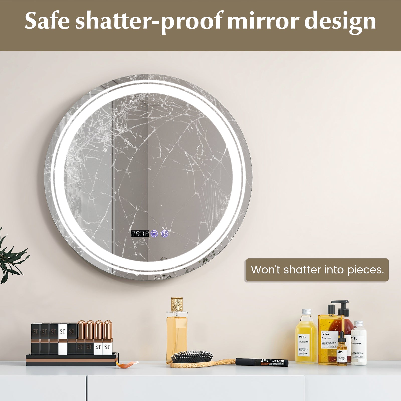 Anti-Fog Round Led Bathroom Mirror with 3 Color LED Lights-S, White Wall Mirrors at Gallery Canada