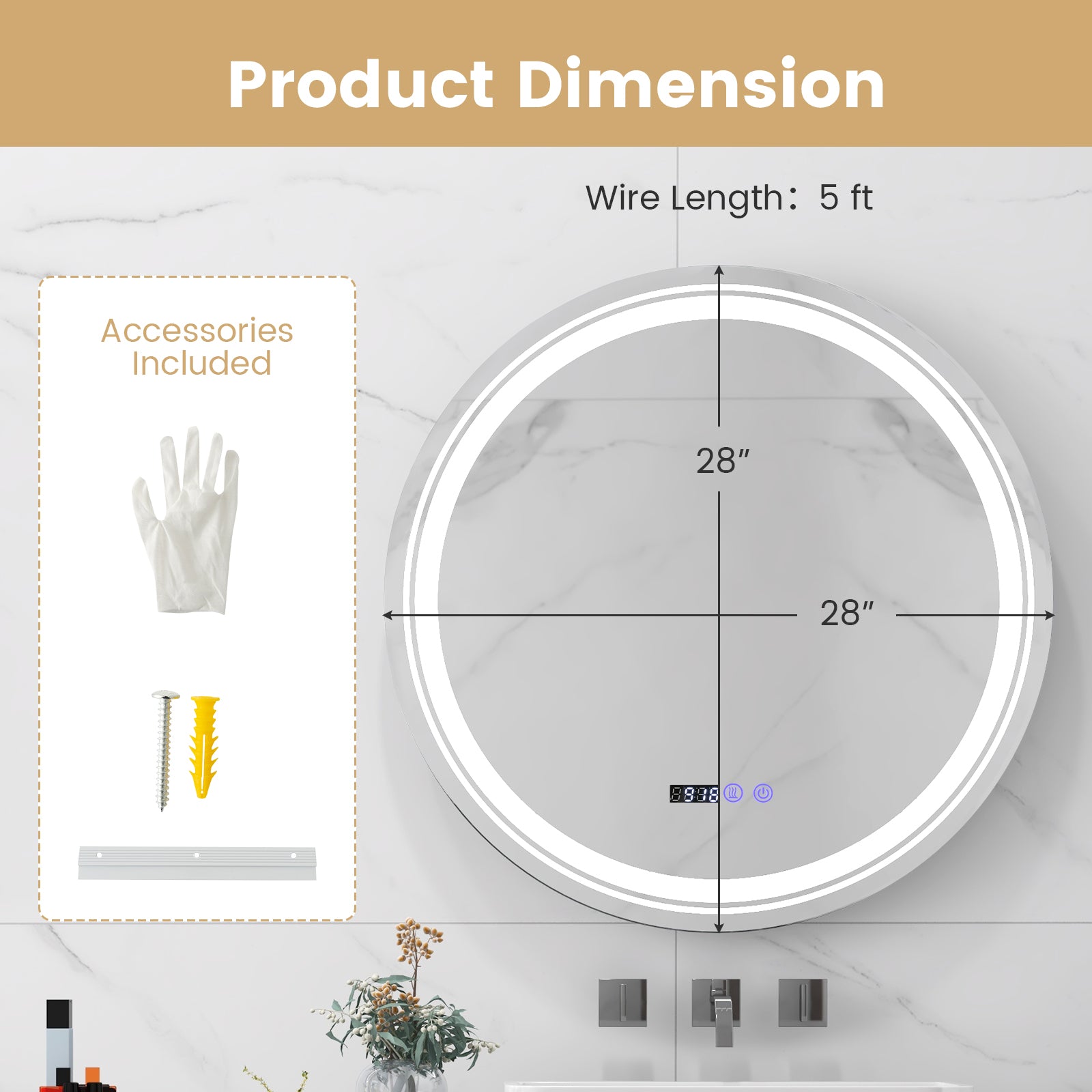 Anti-Fog Round Led Bathroom Mirror with 3 Color LED Lights-M, White Wall Mirrors at Gallery Canada