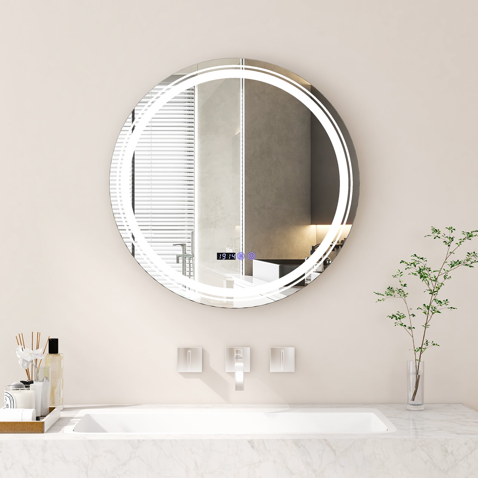 Anti-Fog Round Led Bathroom Mirror with 3 Color LED Lights-M, White Wall Mirrors at Gallery Canada