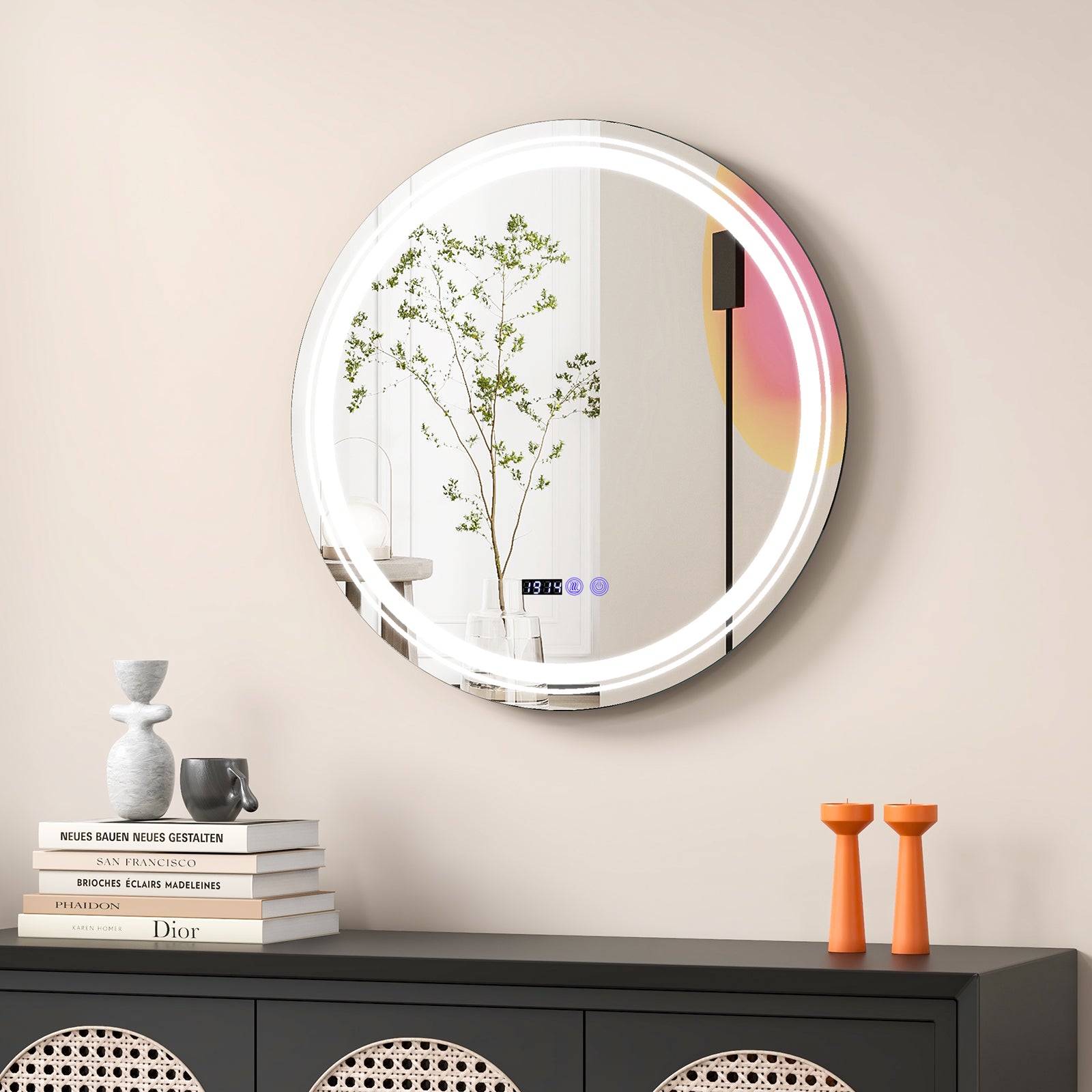 Anti-Fog Round Led Bathroom Mirror with 3 Color LED Lights-M, White Wall Mirrors at Gallery Canada
