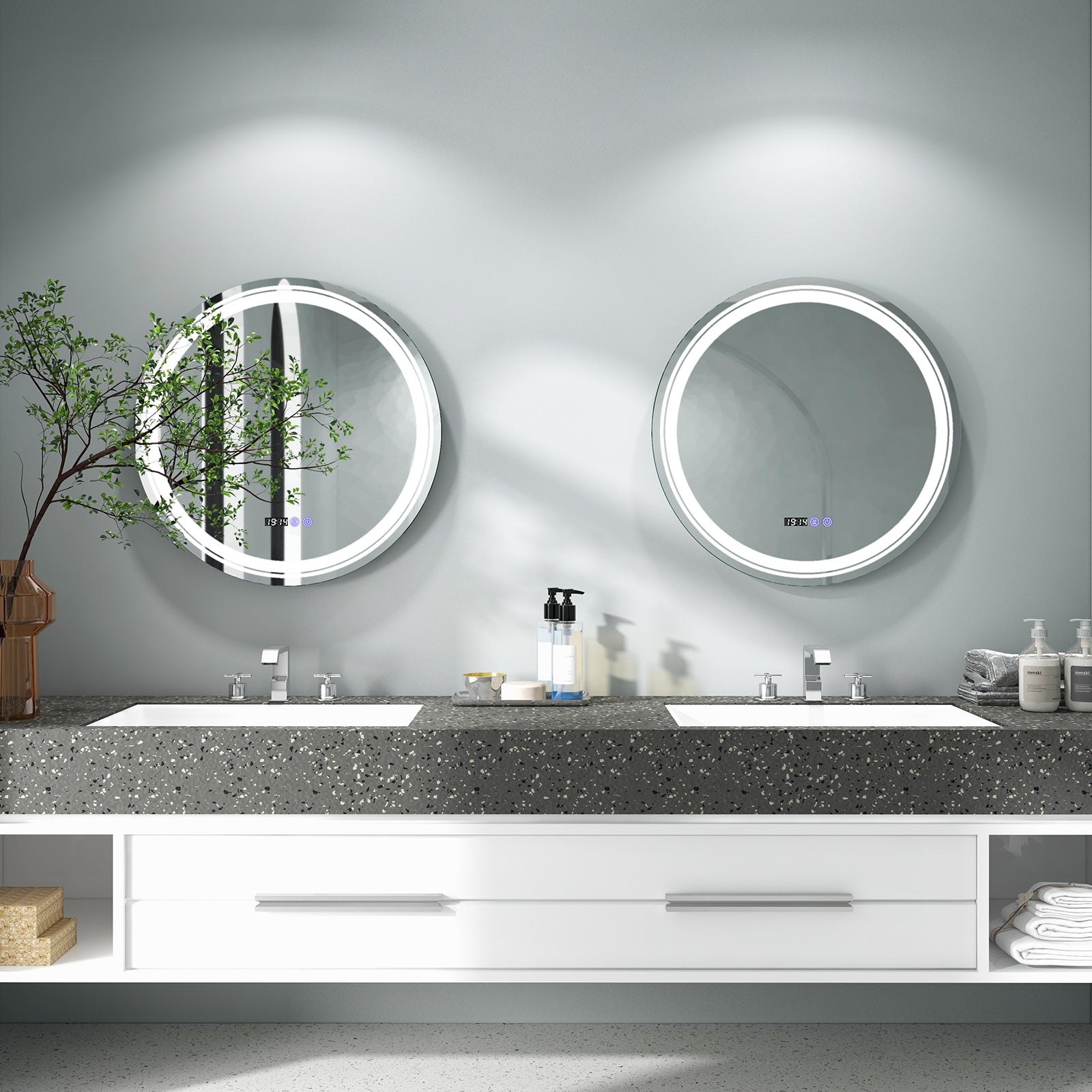 Anti-Fog Round Led Bathroom Mirror with 3 Color LED Lights-M, White Wall Mirrors at Gallery Canada