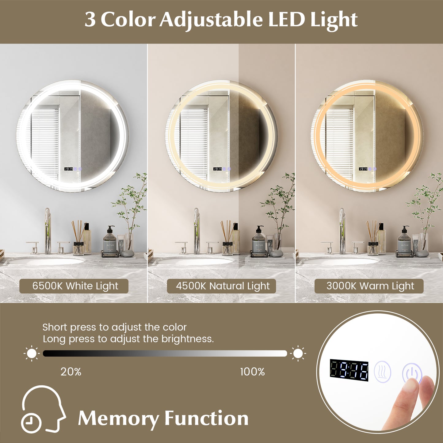Anti-Fog Round Led Bathroom Mirror with 3 Color LED Lights-M, White Wall Mirrors at Gallery Canada