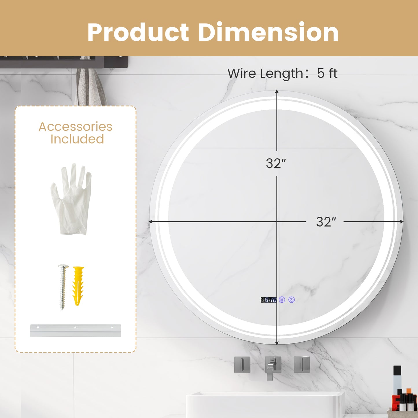 Anti-Fog Round Led Bathroom Mirror with 3 Color LED Lights-L, White Wall Mirrors at Gallery Canada