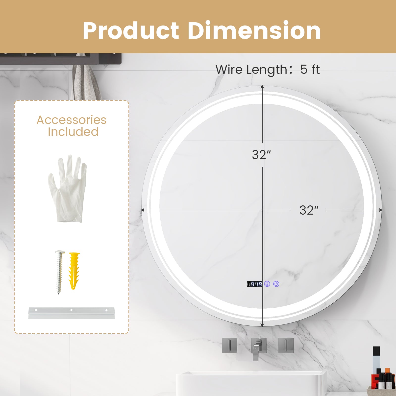 Anti-Fog Round Led Bathroom Mirror with 3 Color LED Lights-L, White Wall Mirrors at Gallery Canada