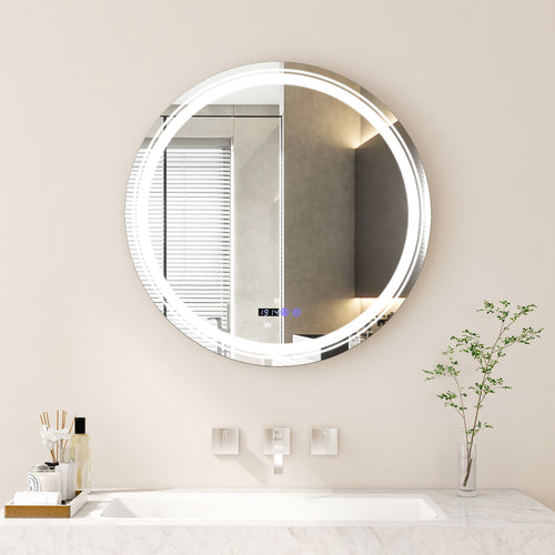 Anti-Fog Round Led Bathroom Mirror with 3 Color LED Lights-L, White