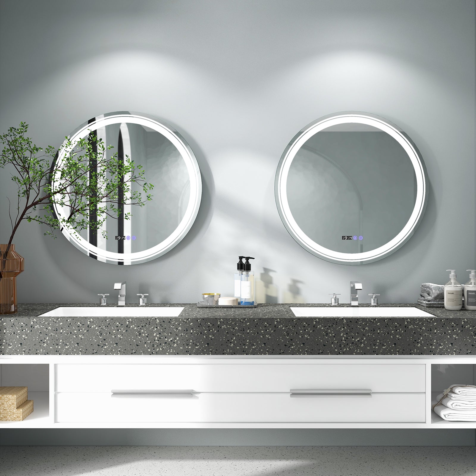 Anti-Fog Round Led Bathroom Mirror with 3 Color LED Lights-L, White Wall Mirrors at Gallery Canada