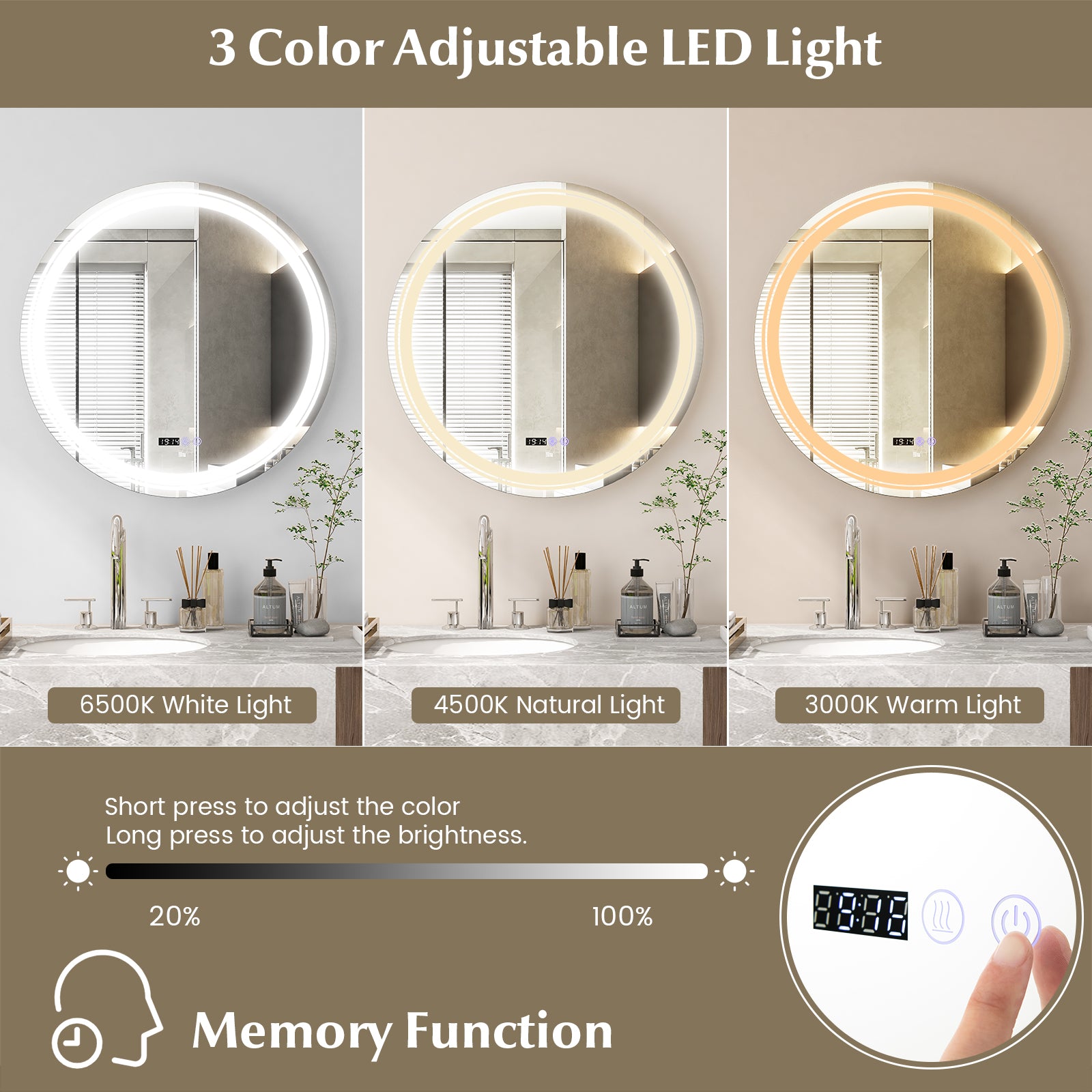 Anti-Fog Round Led Bathroom Mirror with 3 Color LED Lights-L, White Wall Mirrors at Gallery Canada