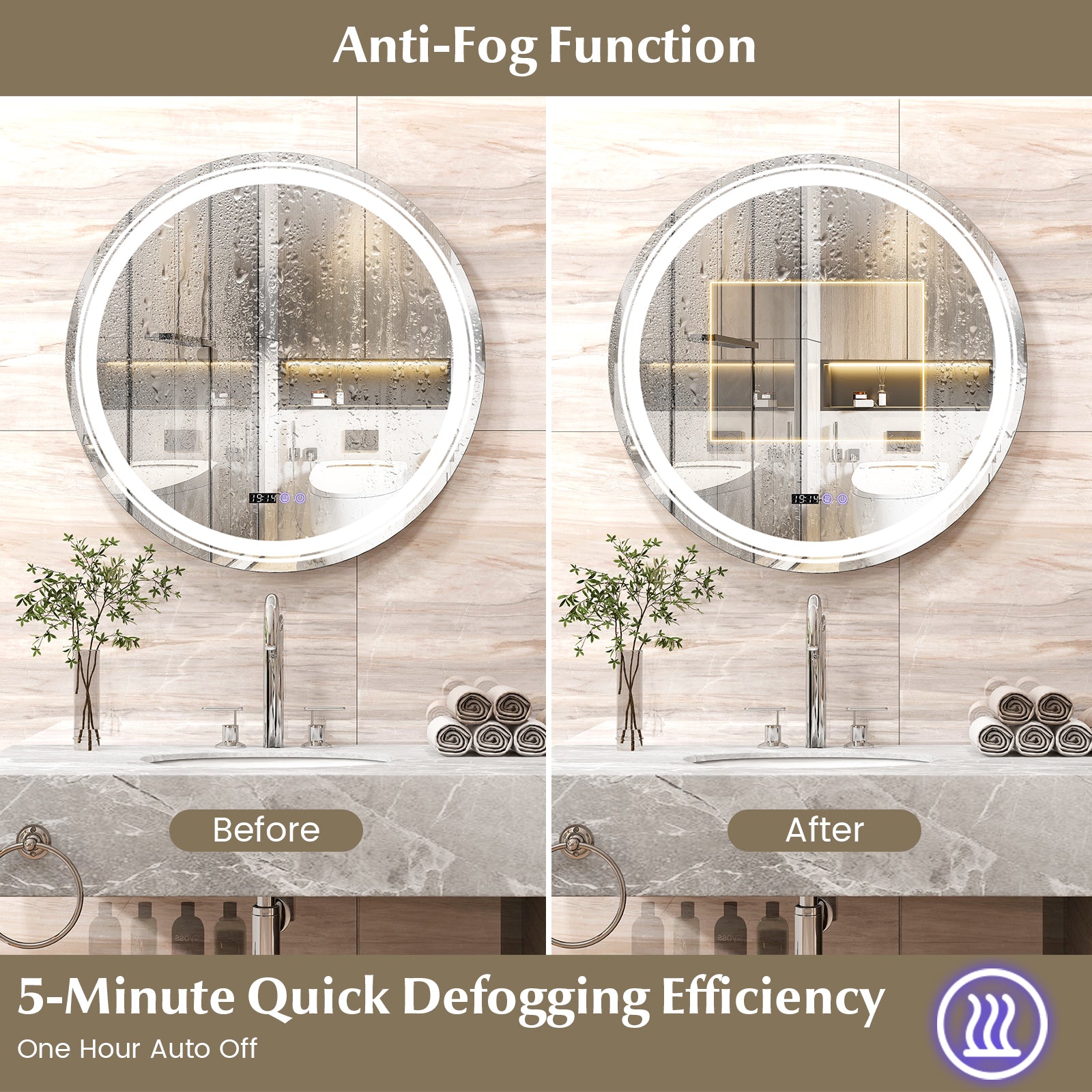 Anti-Fog Round Led Bathroom Mirror with 3 Color LED Lights-L, White Wall Mirrors at Gallery Canada