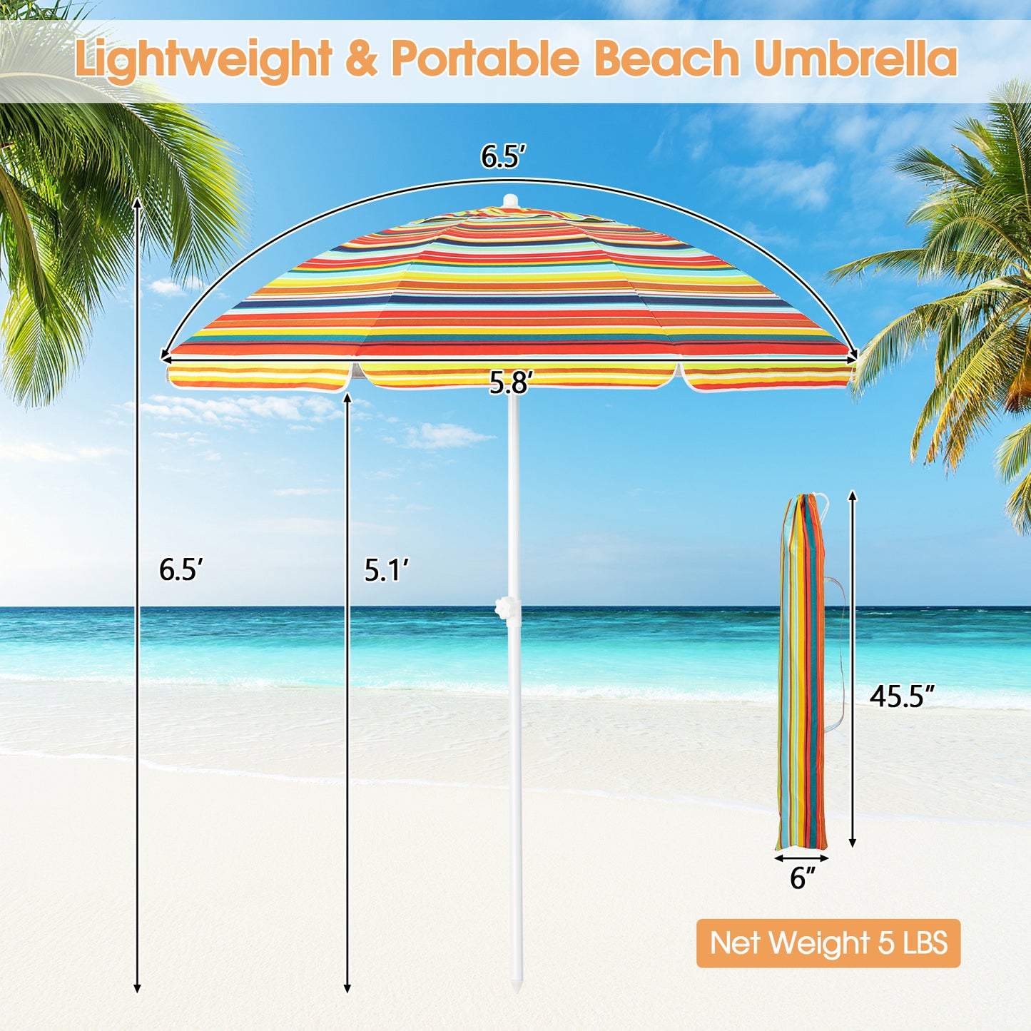 6.5 Feet Patio Beach Umbrella with Waterproof Polyester Fabric, Orange Outdoor Umbrellas at Gallery Canada