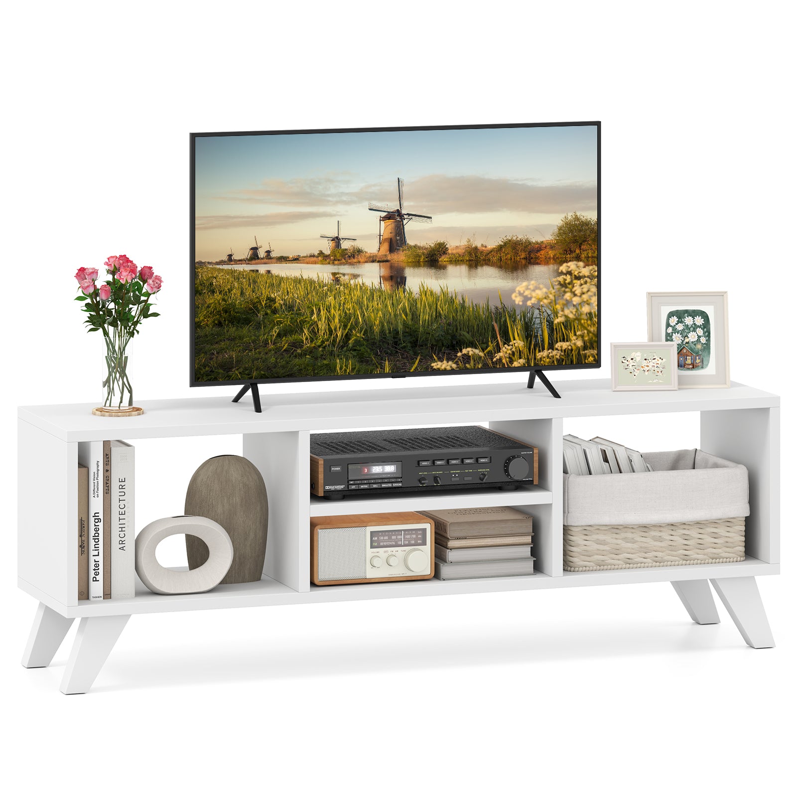 Media TV Console Table with Raised Support Legs, White Entertainment Centers & TV Stands at Gallery Canada