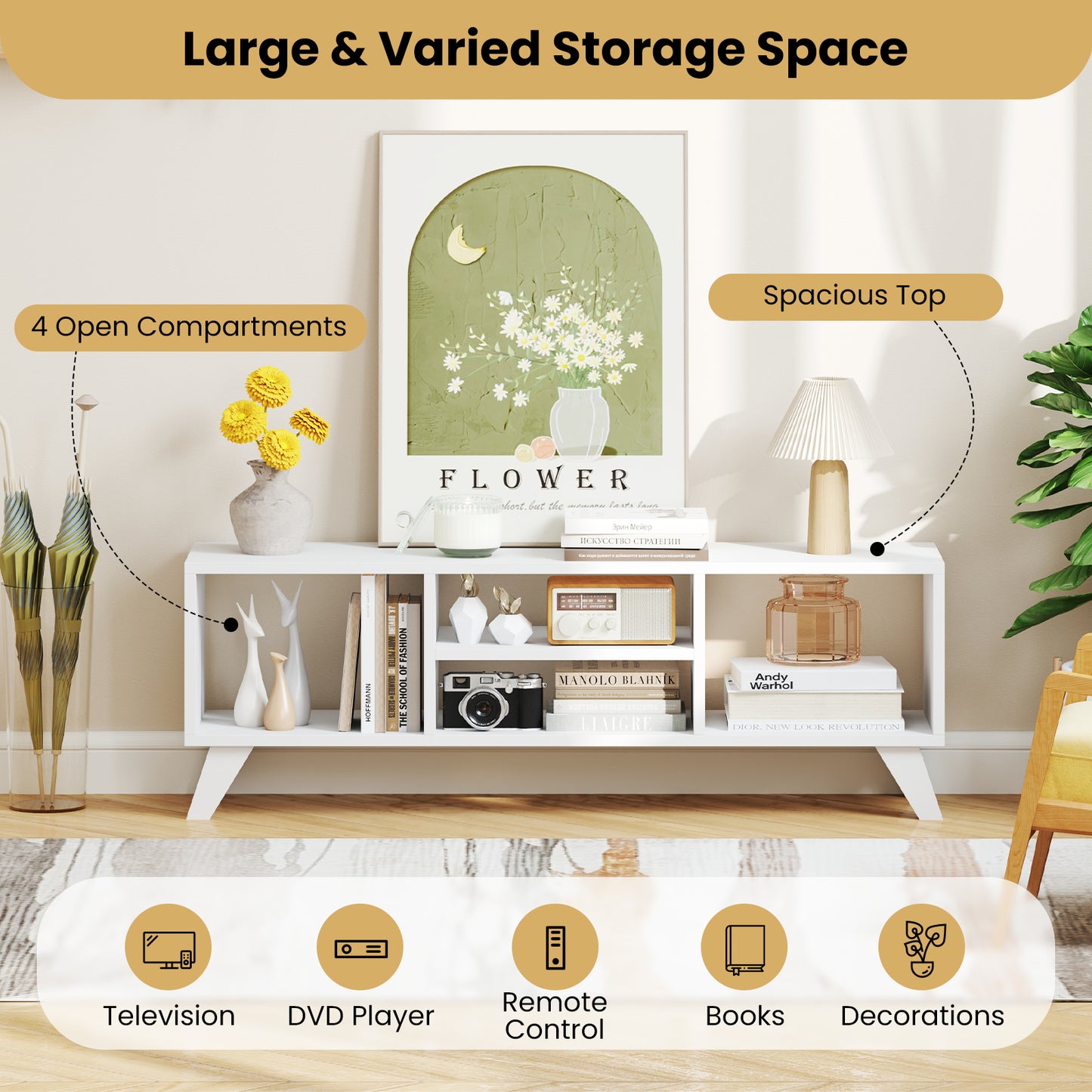 Media TV Console Table with Raised Support Legs, White Entertainment Centers & TV Stands at Gallery Canada