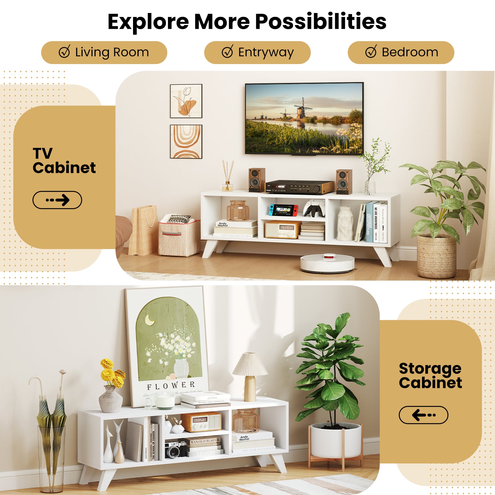 TV Console Table With Raised Support Legs, White Entertainment Centers & TV Stands at Gallery Canada