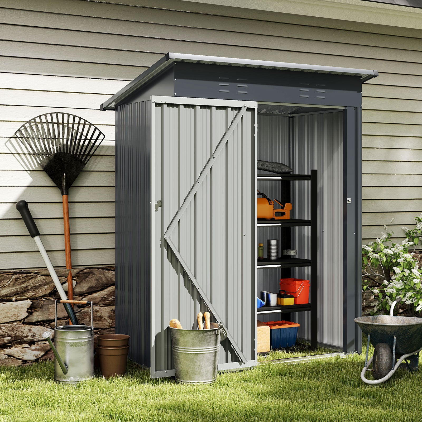 5 x 3 Feet Outdoor Storage Shed with Sloped Roof and Lockable Door, Gray Sheds & Outdoor Storage at Gallery Canada