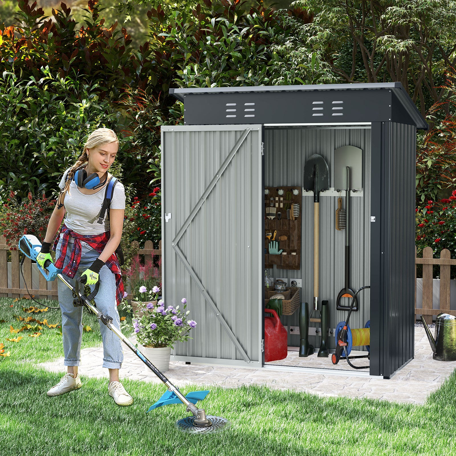 5 x 3 Feet Outdoor Storage Shed with Sloped Roof and Lockable Door, Gray Sheds & Outdoor Storage at Gallery Canada
