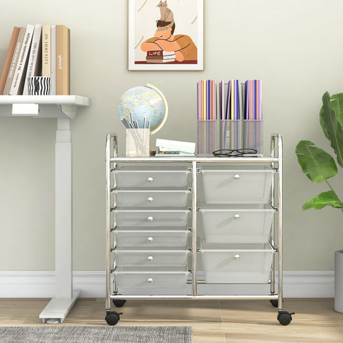 9-Drawer Rolling Storage Cart with Colorful Drawers and Metal Frame, Transparent