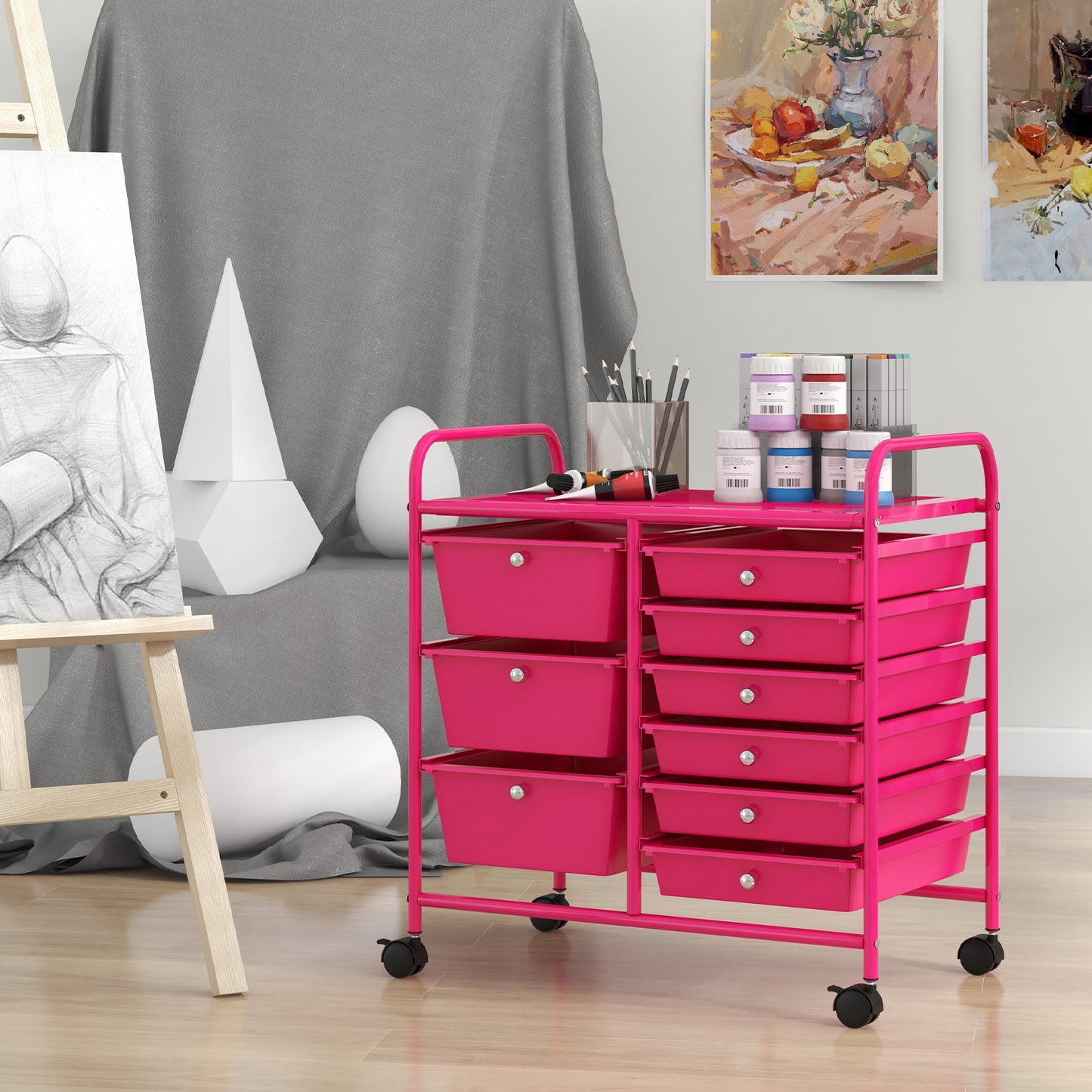 9-Drawer Rolling Storage Cart, Metal Frame, Light Pink File Cabinets at Gallery Canada