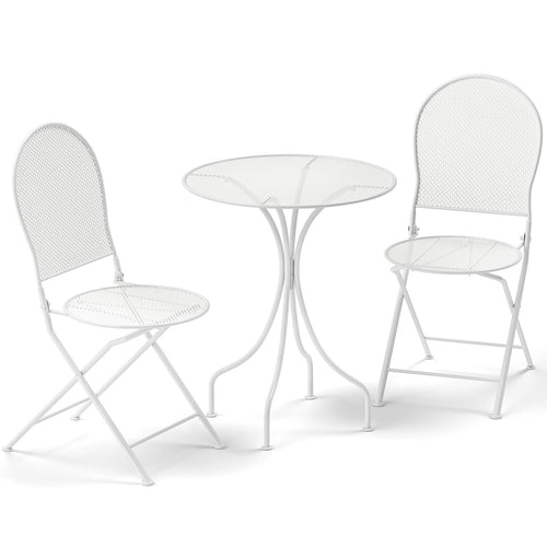 3 Piece Metal Bistro Patio Round Table and 2 Folding Chairs Set, White