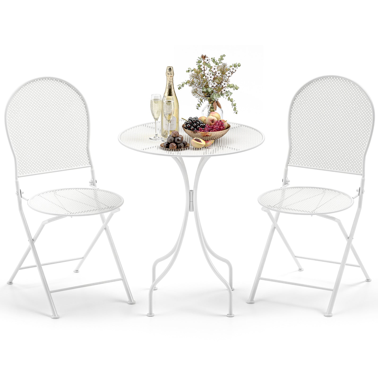 3 Piece Metal Bistro Patio Round Table and 2 Folding Chairs Set, White Patio Dining Sets at Gallery Canada