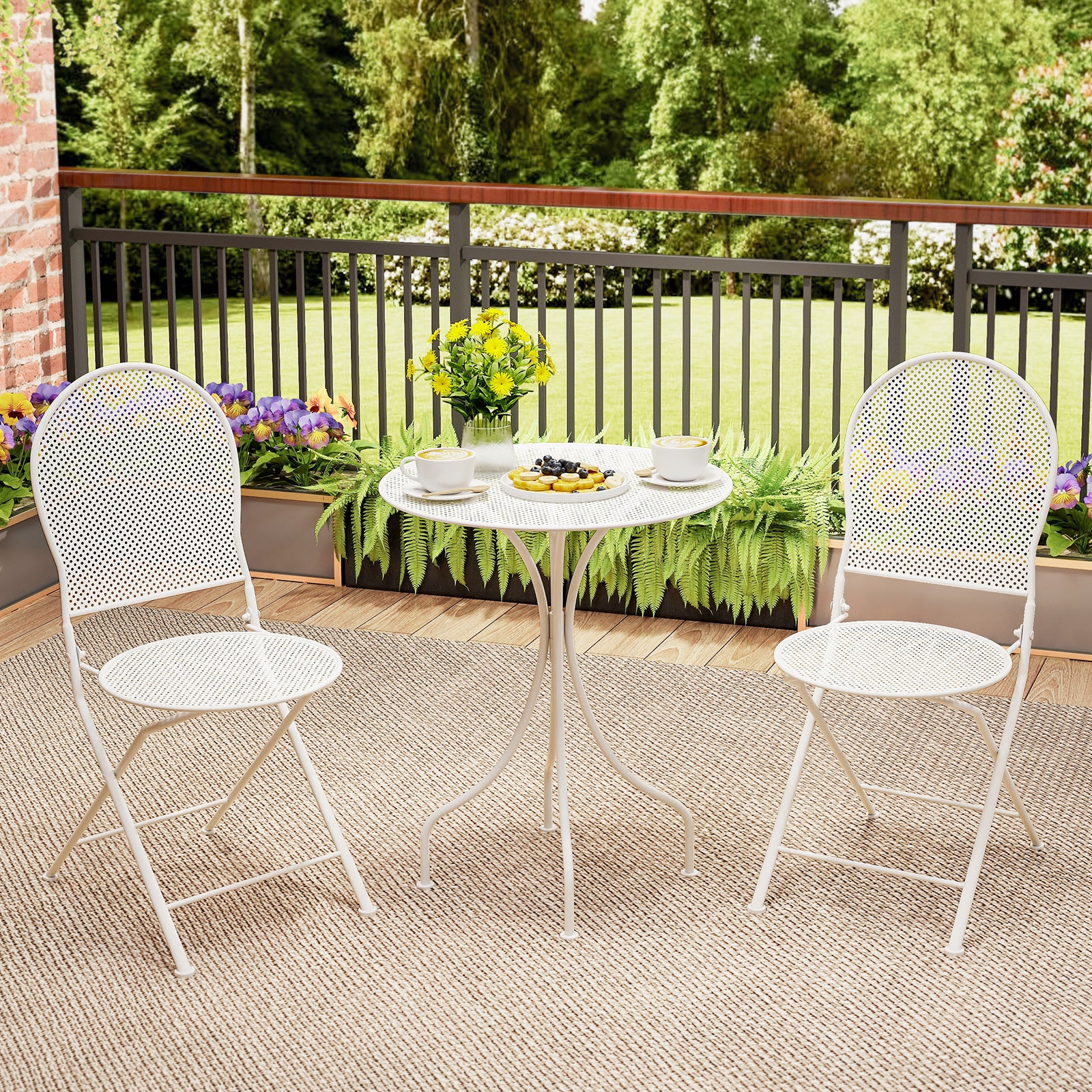 3 Piece Metal Bistro Patio Round Table and 2 Folding Chairs Set, White Patio Dining Sets at Gallery Canada