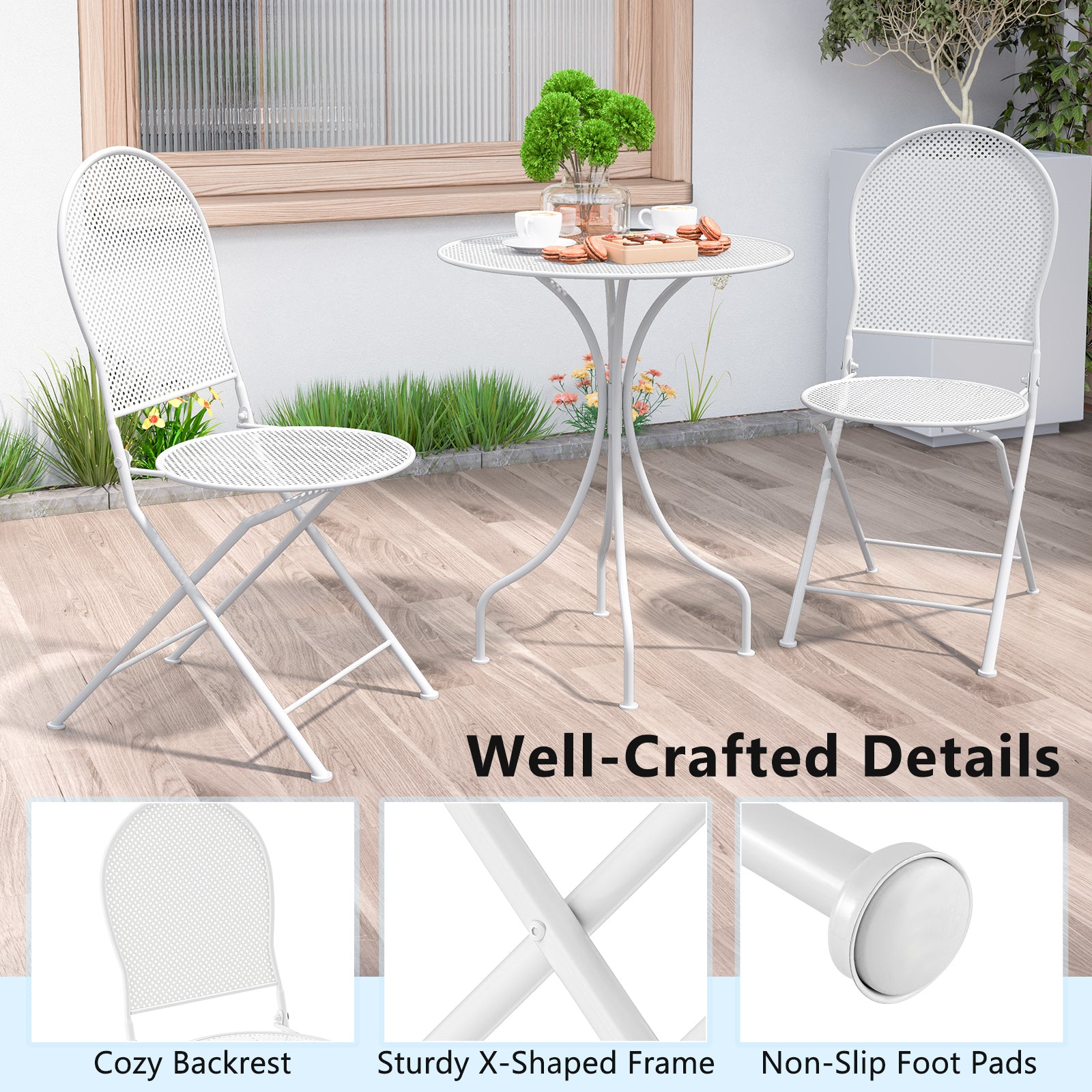 3 Piece Metal Bistro Patio Round Table and 2 Folding Chairs Set, White Patio Dining Sets at Gallery Canada
