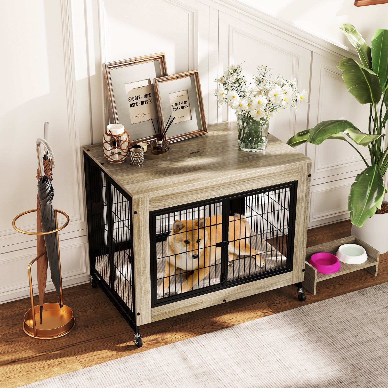 Industrial Dog Kennel with Flip-up Top 3 Lockable Doors and Removable Tray, Gray Dog Kennels at Gallery Canada