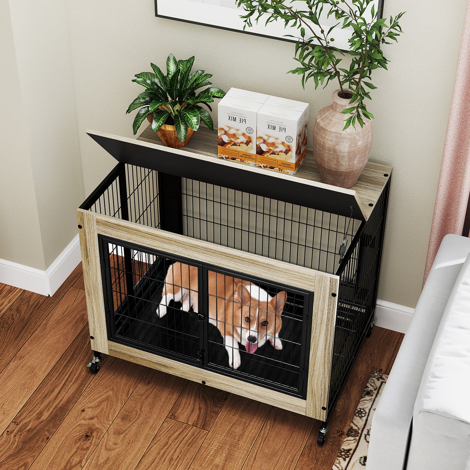 Industrial Dog Kennel with Flip-up Top 3 Lockable Doors and Removable Tray, Gray Dog Kennels at Gallery Canada