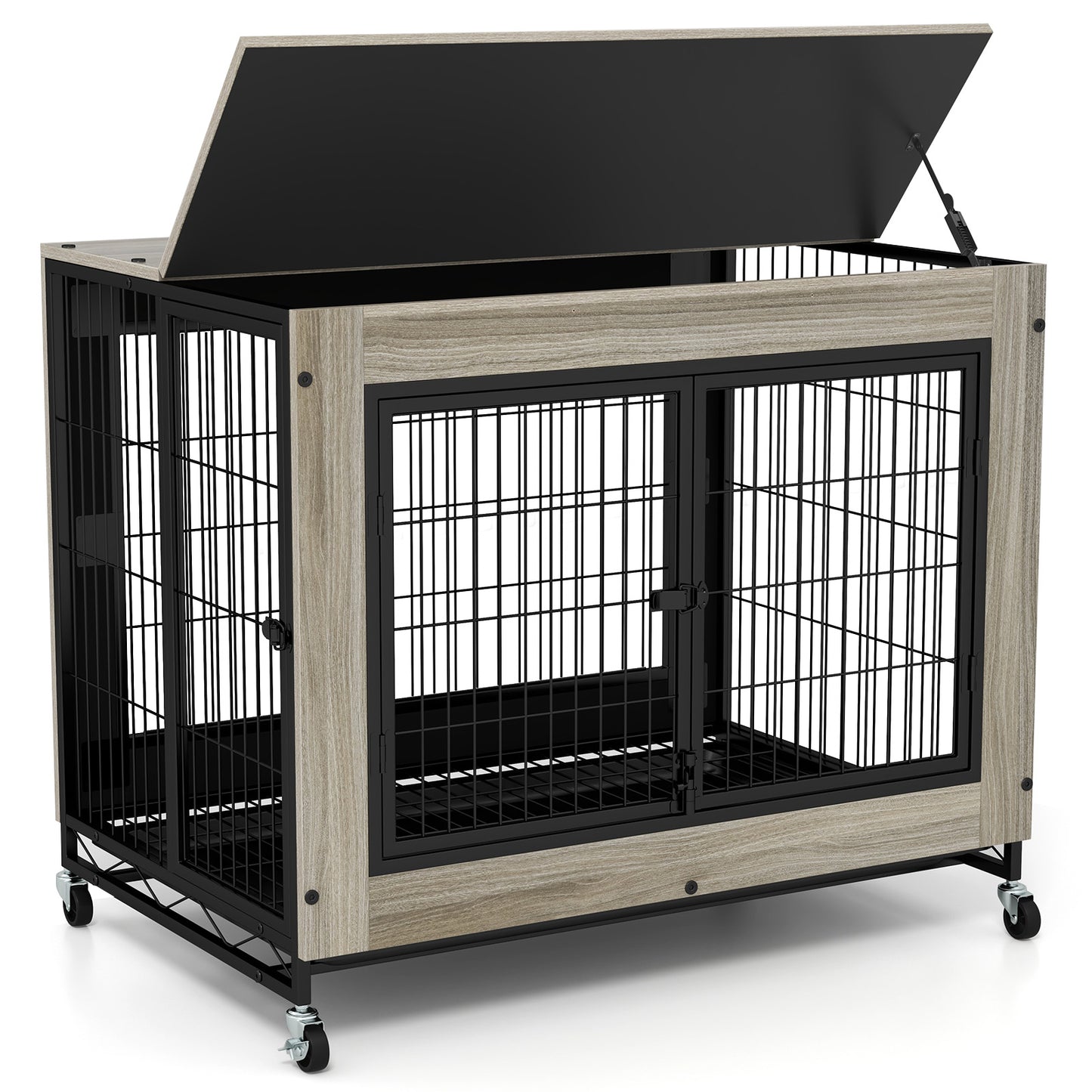 Industrial Dog Kennel with Flip-up Top 3 Lockable Doors and Removable Tray, Gray Dog Kennels at Gallery Canada